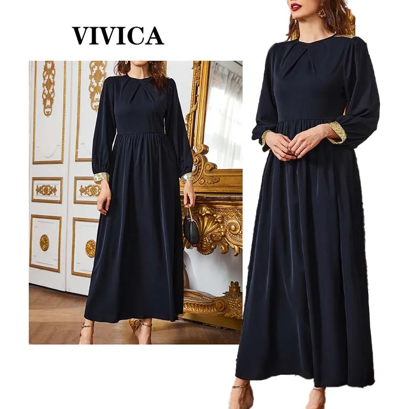 

Muslin Long-sleeved Dress European and American Autumn and Winter Solid Color Temperament Long Skirt
