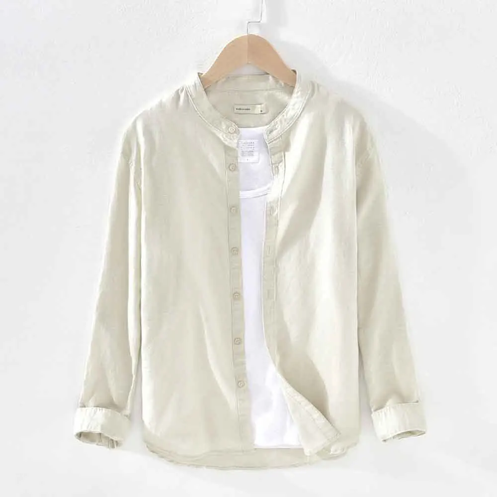 Cotton Linen Hot Sale Men's Long-Sleeved Shirts Solid Color Stand-Up Collar Casual Plus Size