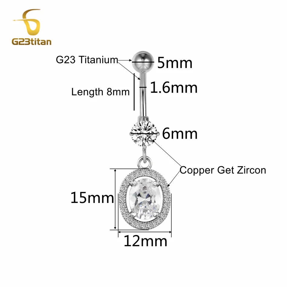 G23titan Яркий серебряный цвет Кристалл пупка кольцо большой Эллипс Подвеска с белым