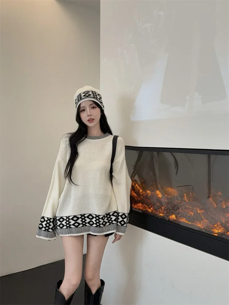 MiiiiX универсальный свободный жаккардовый вязаный свитер контрастного цвета