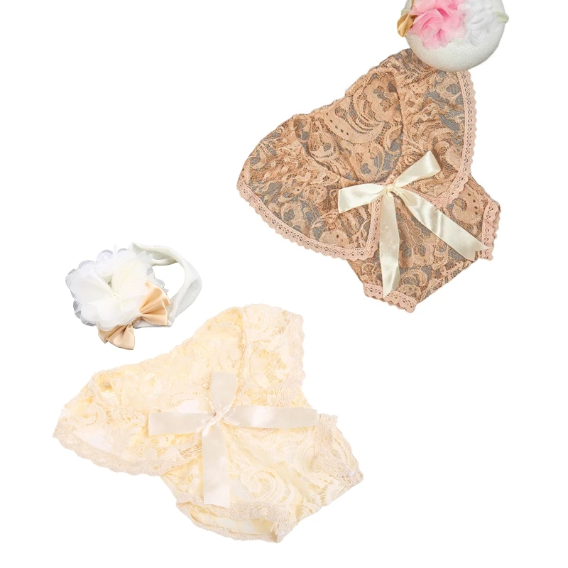 

2 Pcs Baby Cute Headband Bows Lace Romper 0-1 Month Newborn Photography Props