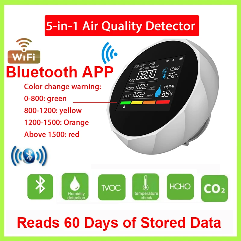 

5 In 1 With Bluetooth CO2 Meter Digital Temperature Humidity Sensor Tester Air Quality Monitor Carbon Dioxide TVOC HCHO Detector