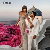 verngo 2022 new lace champagne mermaid wedding dresses strapless slit ruffles sweep train bridal gowns sexy women party dress