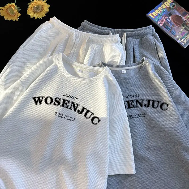 Harajuku Style Hong Kong Style Waffle Suit Men's Summer Sports Loose Short Sleeve Fashion Brand Ins Casual Shorts Men's