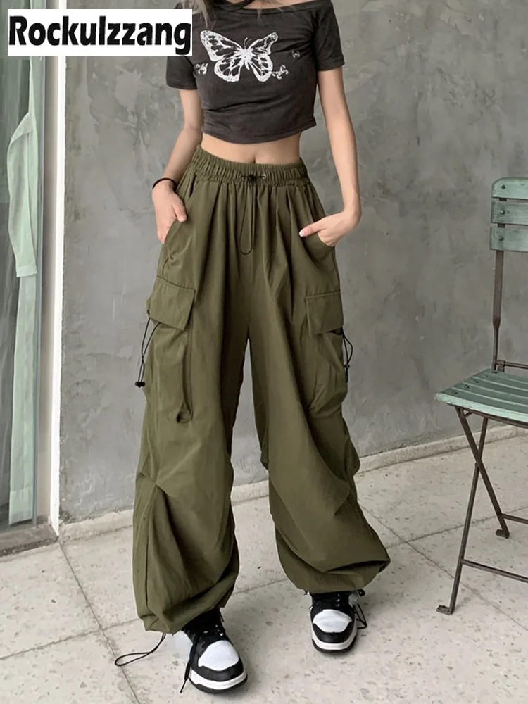 

Rockulzzang Side Pocket Cargo Jogger Pant Drawstring High Waist Streetwear Loose Trouser Harajuku Techwear Harem HipHop y2k punk