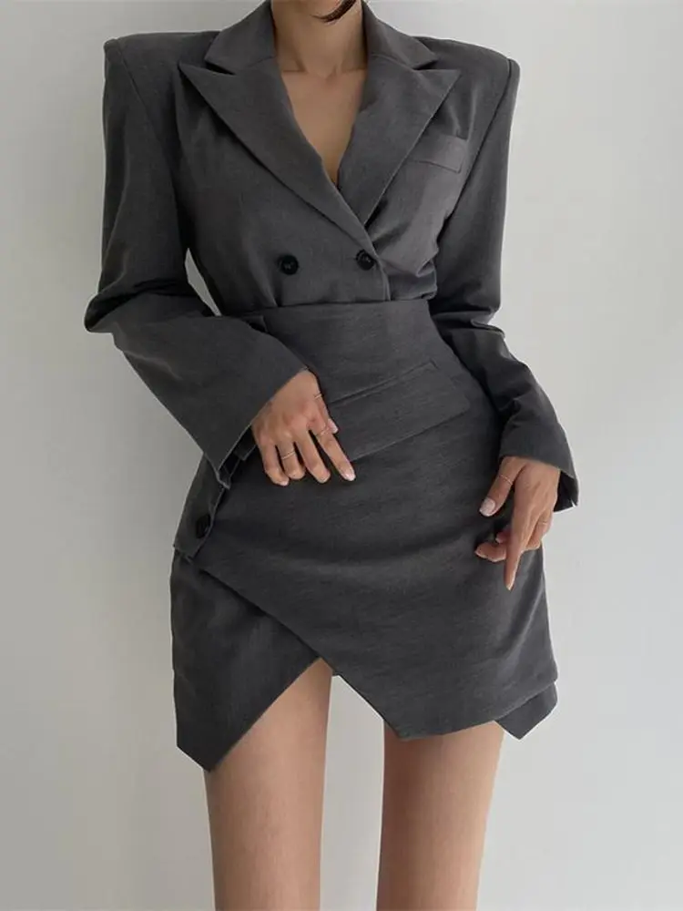 

Women's Elegant Two Piece Sets Solid Notched Collar Double Breasted Long Sleeves Blazer Wrapping Asymmetric Mini Skirts 2021