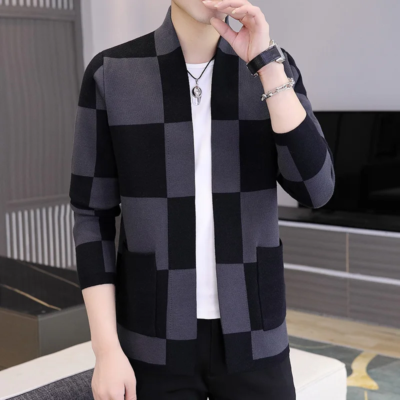 Men's Spring and Autumn Sweater Knitted Plaid Casual Cardigan Coat Long-sleeved V-neck No Placket Stretch Size M-4XL New