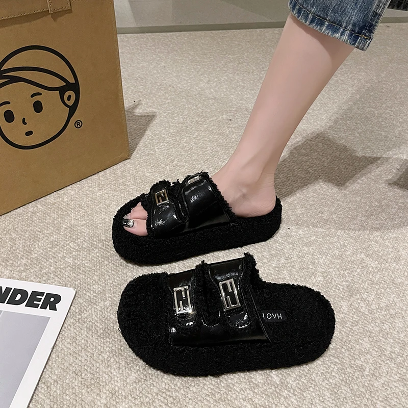 

Тапки женские плюшевые на платформе, сланцы средней высоты, роскошные Шлепанцы из ПУ кожи, резина, мех, 2023