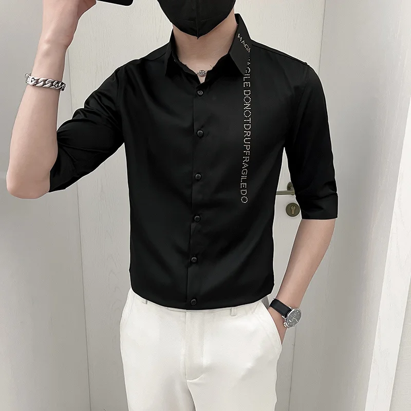 Rhinestones Letter Shirts Men Summer Half Sleeve Casual Business Social Dress Shirt Streetwear Slim Social Party Tuxedo Blouse