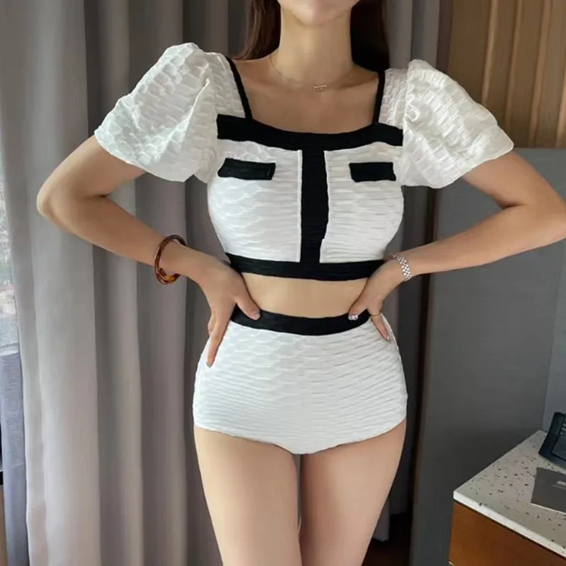 

WISUWORE White Swimwear Women 2022 Two Piece Swimsuit Female Korean Short Sleeve Bathing Suit High Waist Hollow Tankini