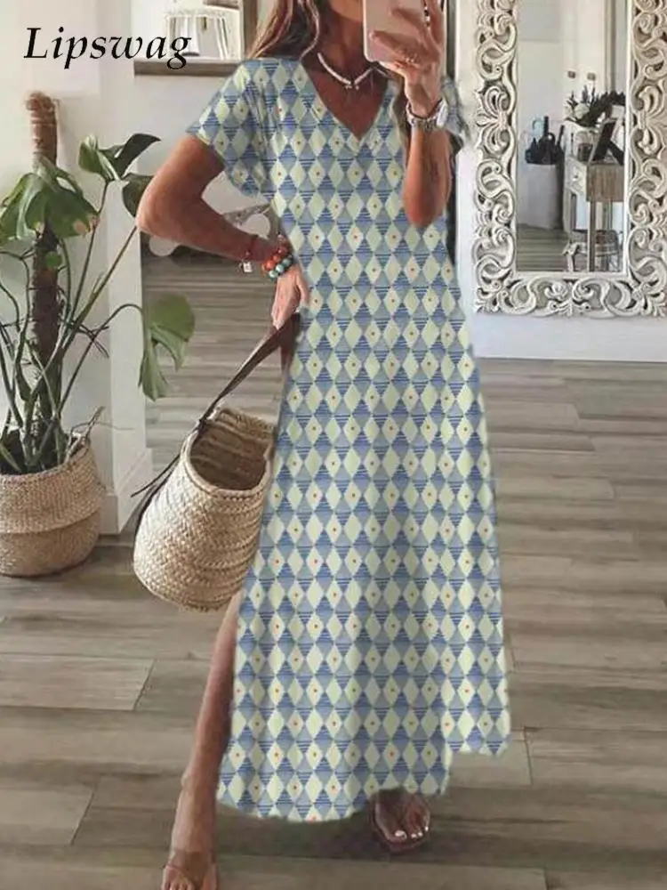 

Женский свободный пляжный сарафан с Боковым Разрезом, Модное Длинное прямое платье с V-образным вырезом и принтом, летнее Повседневное плат...