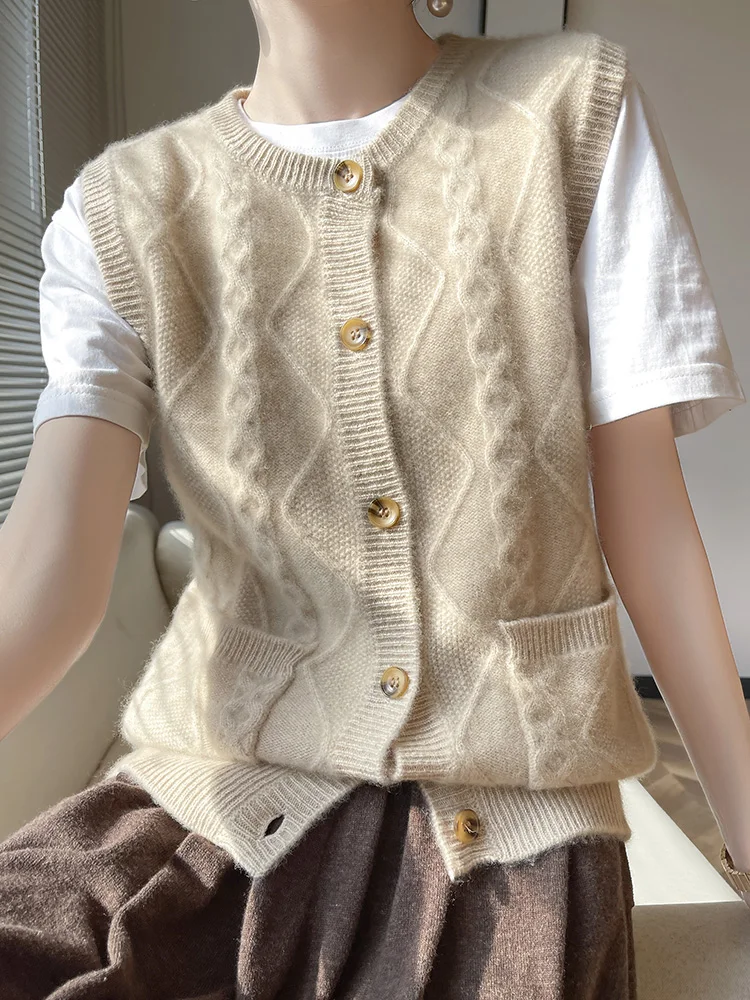 2023 Autumn and Winter New round Neck Women% Woolen Sweater Cardigan Loose Slimming Temperament Fleece Stacked Vest