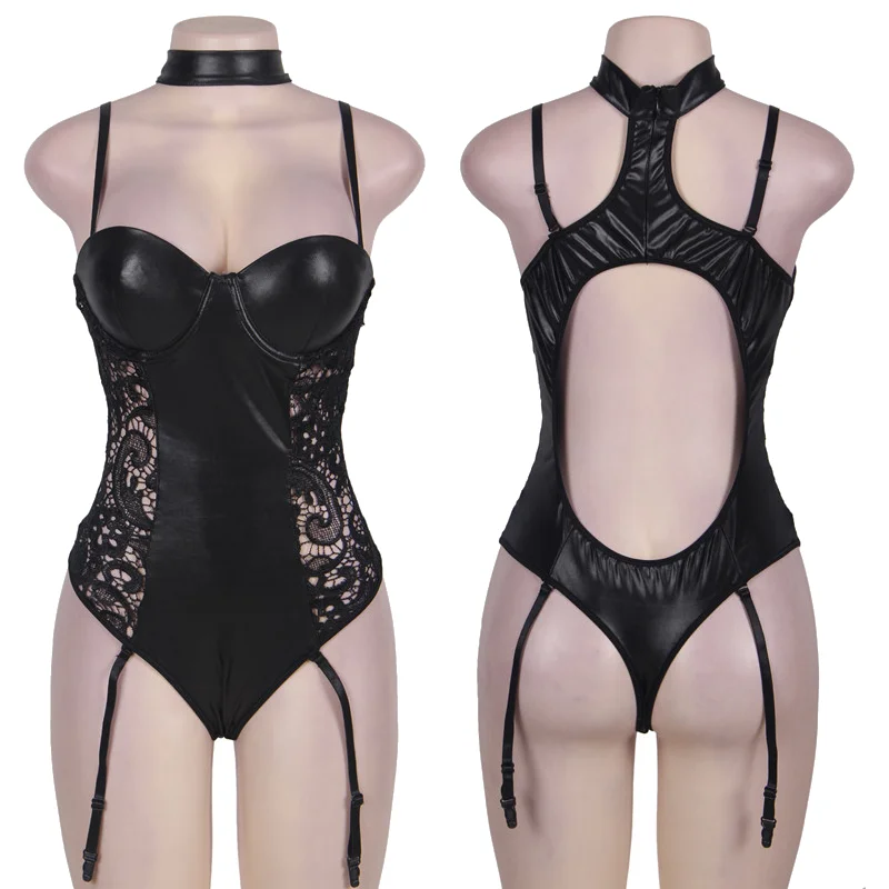 Фото Comeondear, черное кожаное кружевное нижнее белье на подтяжках, комбинезон Babydoll, большие боди на косточках, женский сексуальный трико, ночная рубашка №5