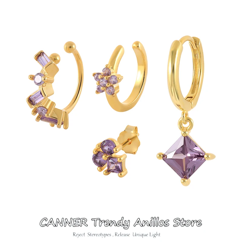 

CANNER Fashion Hoop Earring Set Fashion Earings Purple Color Zircon Circle Charms Cuffs Studs Earrings for Women Wedding Jewelry