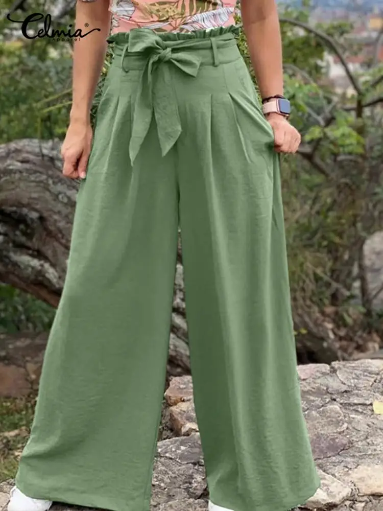 

Celmia Women Wide Leg Zipper Long Pants Casual Loose Pockets Pants Summer Fashion Bandage Pressed Pleats Lightweight Trousers