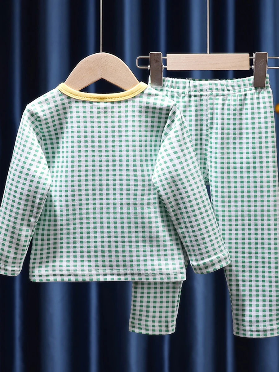 Spring Autumn Children's Clothes Set Long Johns Suit Girls Plaid Cotton Pajamas 2PCS Tops+Pants Baby Kids Underwear Casual Suit