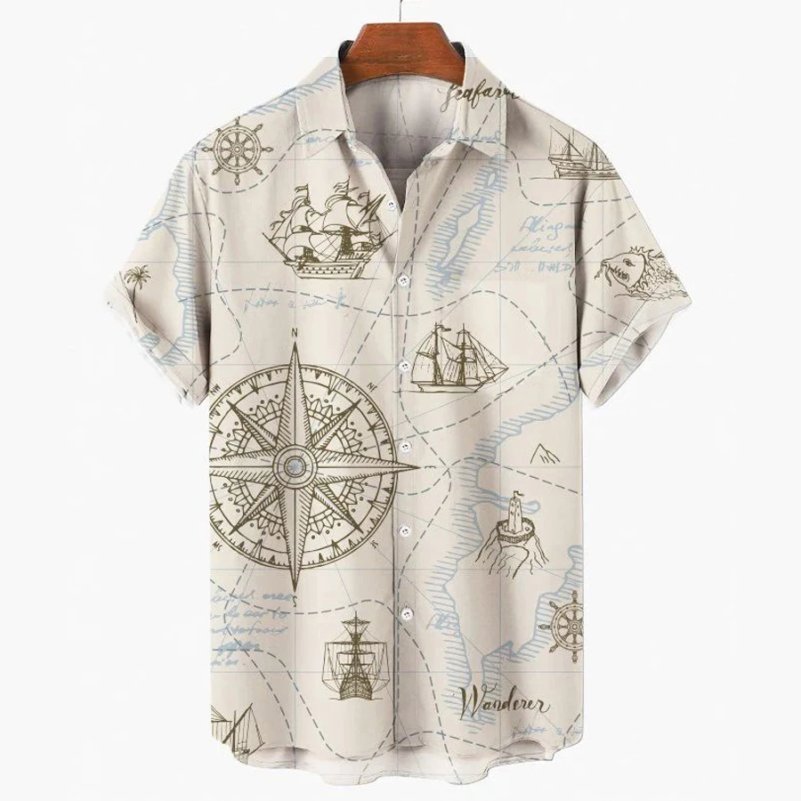 Summer Vintage Men's Shirt Oversized Hawaiian Shirt Nautical Print Fashion Streetshirt Lapel Short Sleeve Clothing Male Blouses