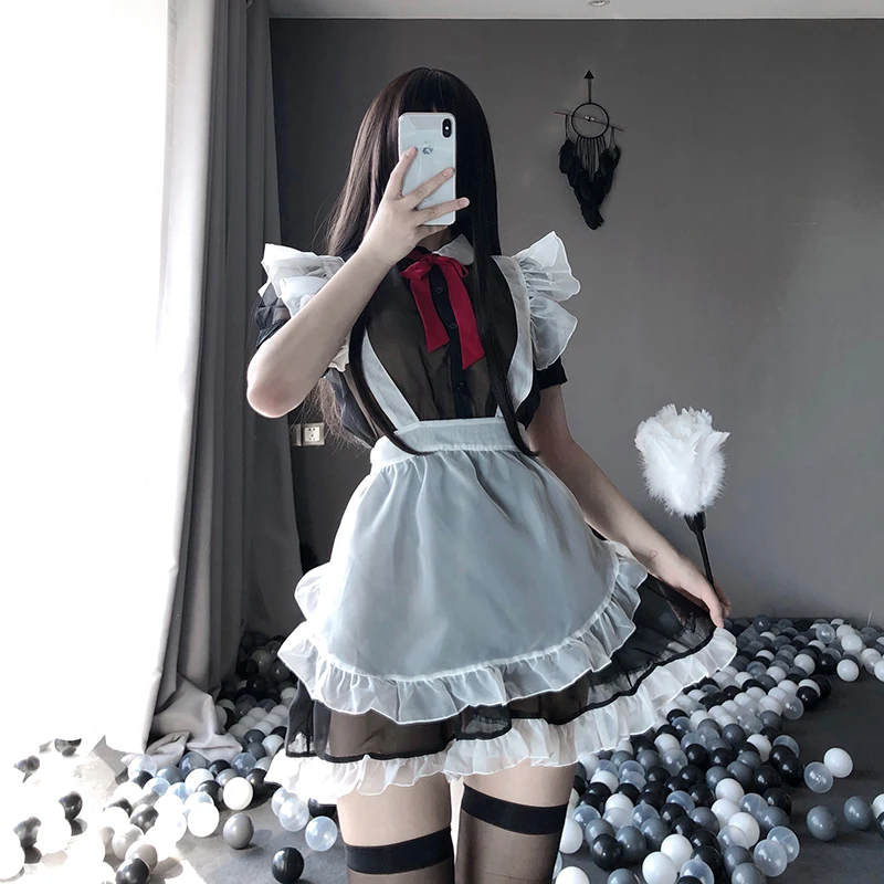 

2022 Women Maid Girl Lolita Uniform Halloween Cosplay Costumes Maid Dress with Apron Lingerie French Maid Suit Set Black Color