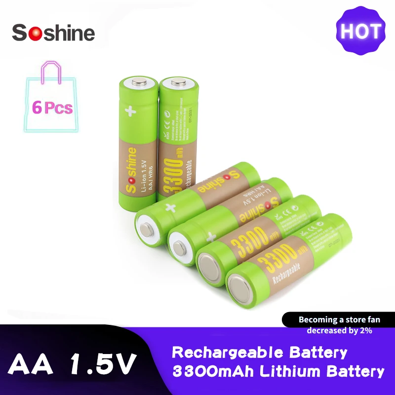 

6 P Soshine Rechargeable Battery 3300mAh Lithium Battery Fast Charge AA1.5V 0.3 A Can Replace Alkaline Carbon Mouse Game Handle