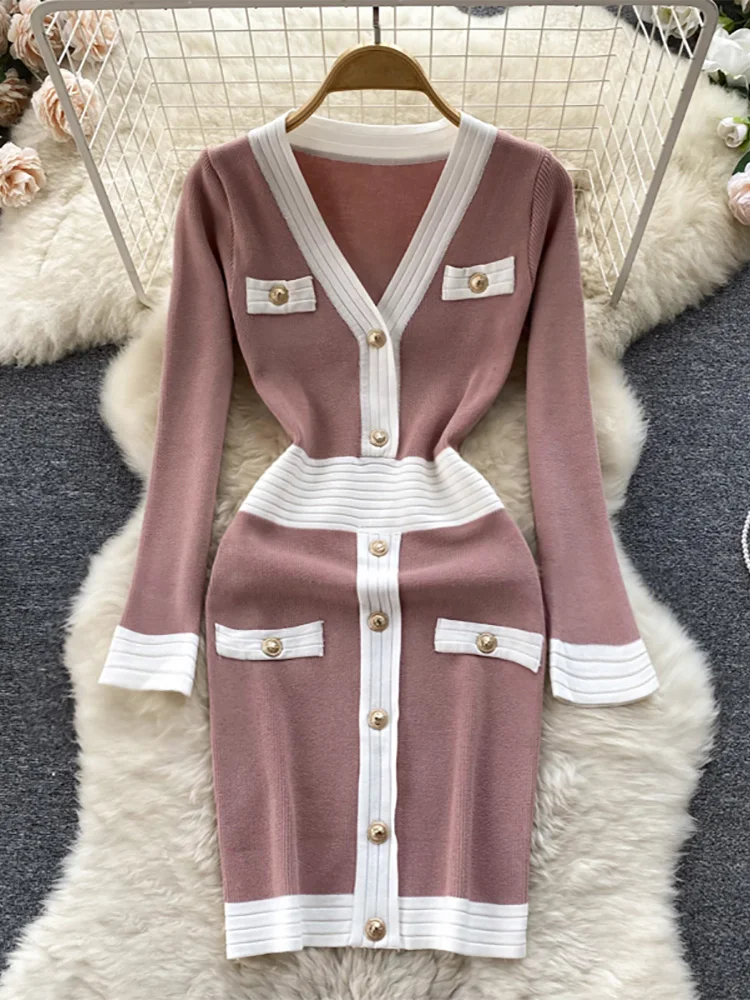 

Croysier Office Elegant Golden Button Knitted Dress 2022 Women V Neck Long Sleeve Contrast Color Patchwork Mini Bodycon Dress
