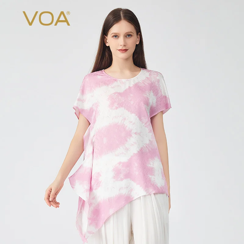 

VOA Sweet Pirouette Pink Print Harajuku Woman Silk Tshirts Casual Fashion O-Neck Asymmetrical Ruffles Short Sleeves Tops BE832