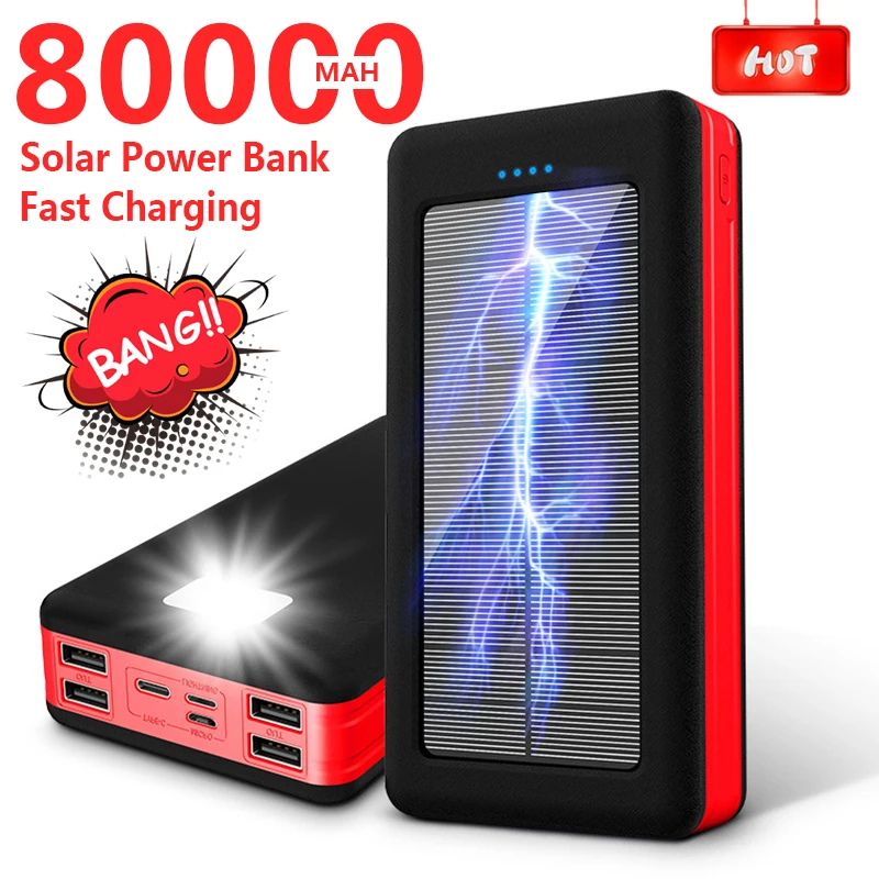 

80000mAh Portable Large-capacity Solar Power Bank Fast Charger Outdoor Travel Emergency Poverbank for Iphone Samsung Xiaomi