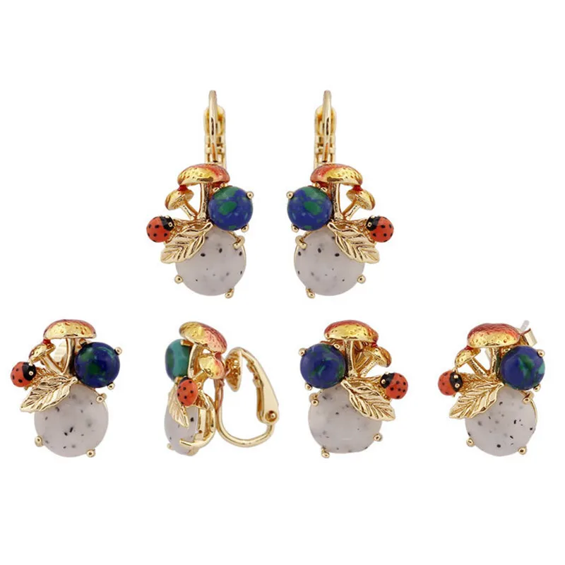 

New Personalized Enamel S925 Silver Ear Studs Mix and Match with Fantasy Mushroom Ladybug Ear Hook Blue Stone Ear Clip Earrings