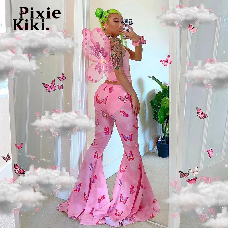 PixieKiki Y2k Butterfly Pink Low Waist Flare Pants Rave Festival Clothing for Women 2000s Aesthetic Bell Bottom Pants P85-CC30