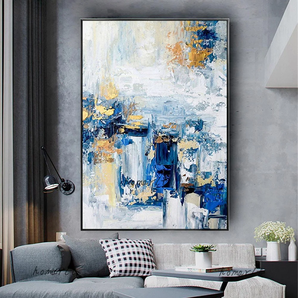 

100% Hand Painted Abstract Art Thick Oil Painting On Canvas Blue Wall Art Wall Adornment Pictures For Live Room Home Decor Wall