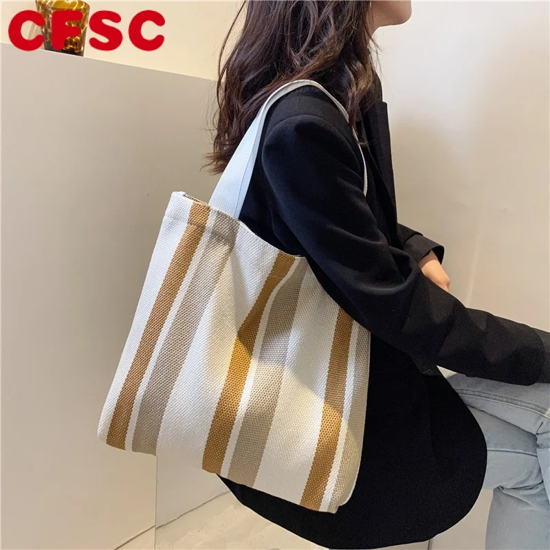 

Simple Retro Handbag Small Fresh Striped Canvas Bags for Women 2022 Casual Literature and Art Large-capacity Shoulder Bag Female