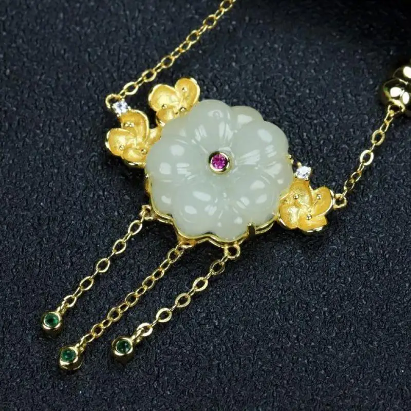 

Women White Jade Flower Pendant Emerald Gold Tassel Necklace Clavicle Chain 925 Sterling Silver Jewelry For Girlfriend Mom Gifts