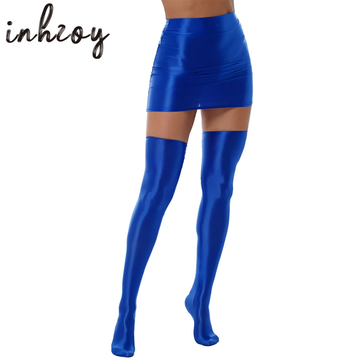 Womens Glossy Tight Skirt Stockings Set Sexy High Waist Workout Cheer Booty Dance Wear  Oil Shiny Pole Dancing Clubwear Outfit