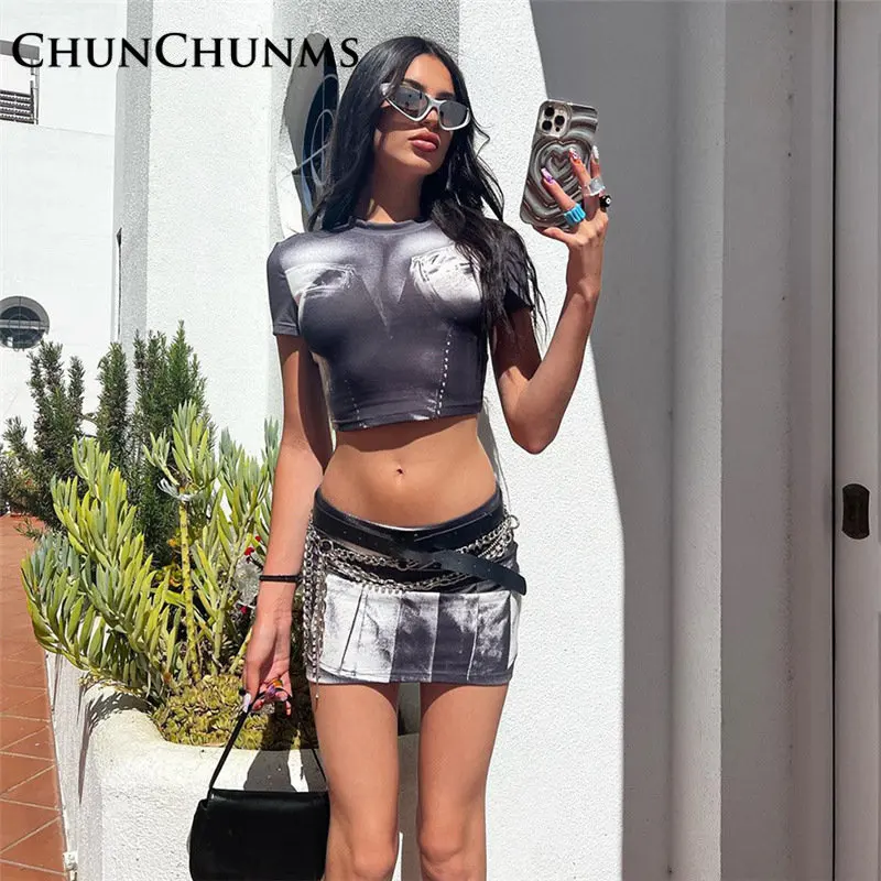 

Женский комплект из 2 предметов, летний короткий топ и платье с принтом, 2023