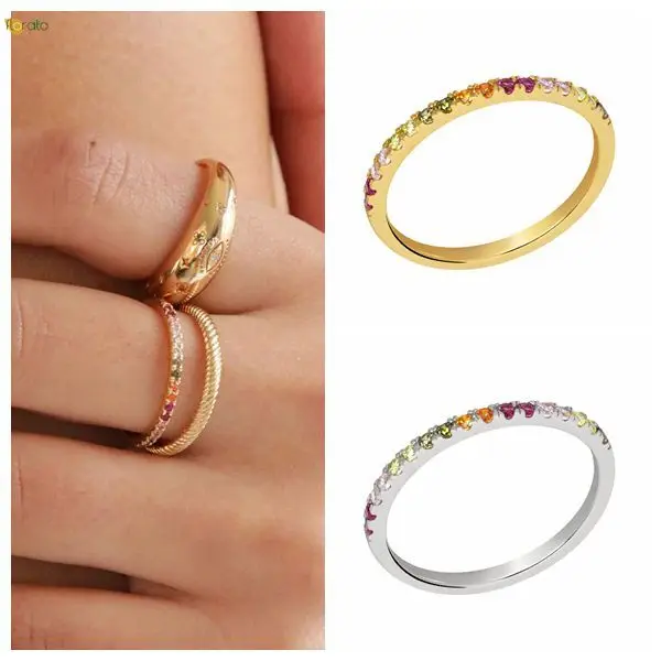 

24k Gold Plated Silver Single Row Colorful Crystal Zircon Thin Rings for Women Simple Light Luxury Wedding Anniversary Jewelry