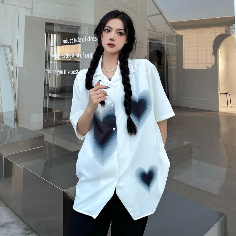 Gradient Love Print Short Sleeve Blouses Women Summer New Korean Loose Button Down White Shirts Couple Tops Fashion