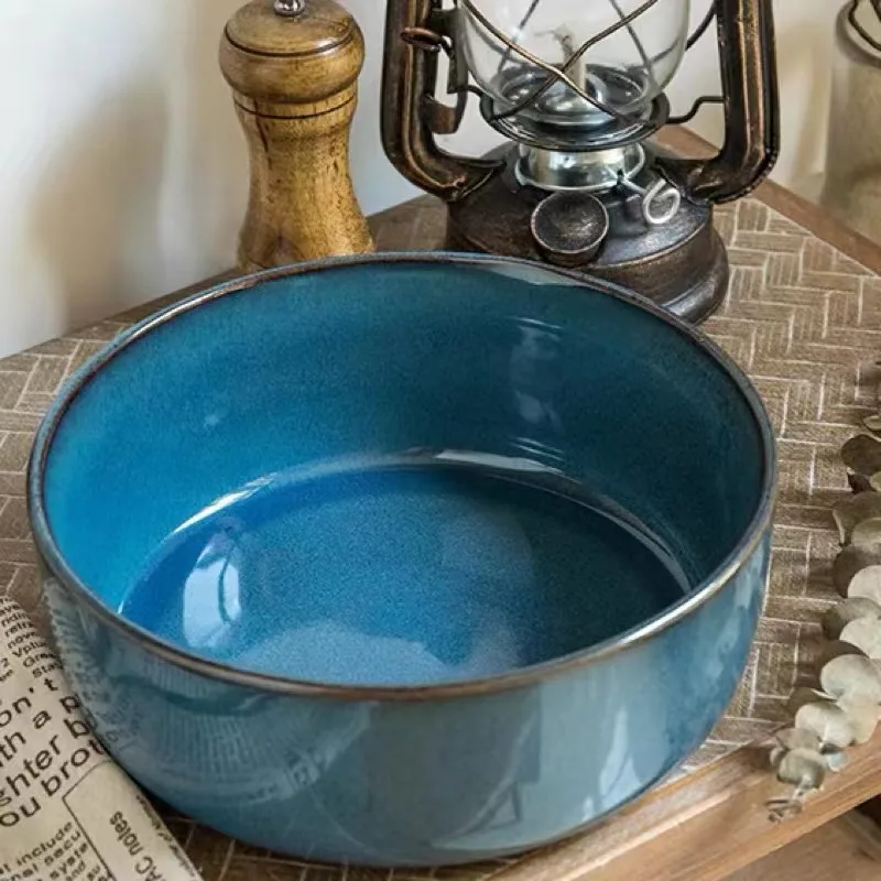 

Vintage Ceramic Large Soup Basin Blue Antique Plain Old Solid Color Hand Drawn Household Ramen Bowl Fruit Tableware Vajilla