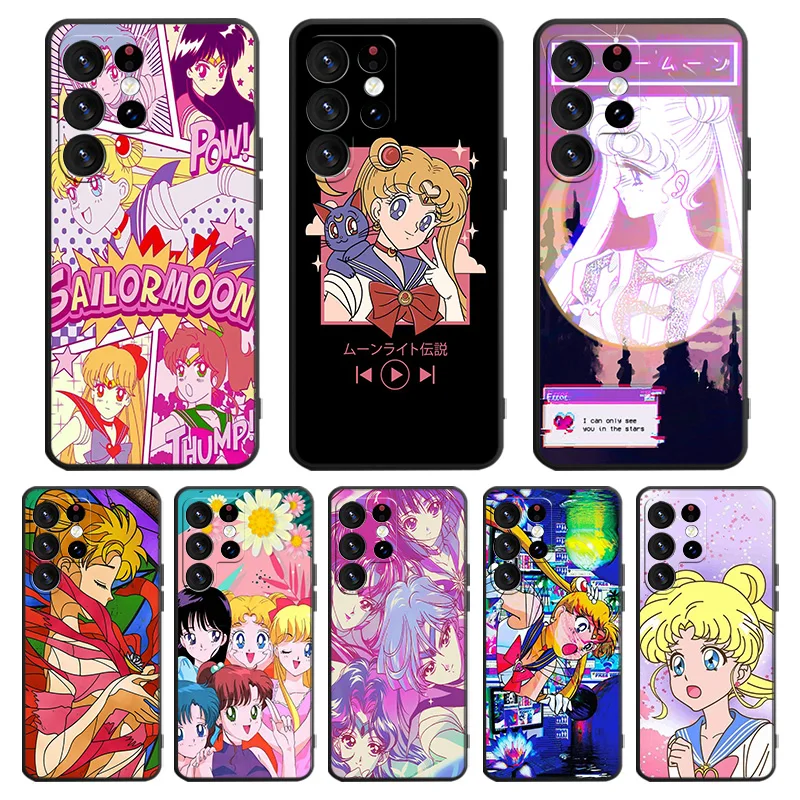 

Japanese Anime Sailor Moon Phone Case For Samsung Galaxy S23 S22 S21 S20 FE Ultra S10e S10 S9 S8 Plus Lite Black Cover