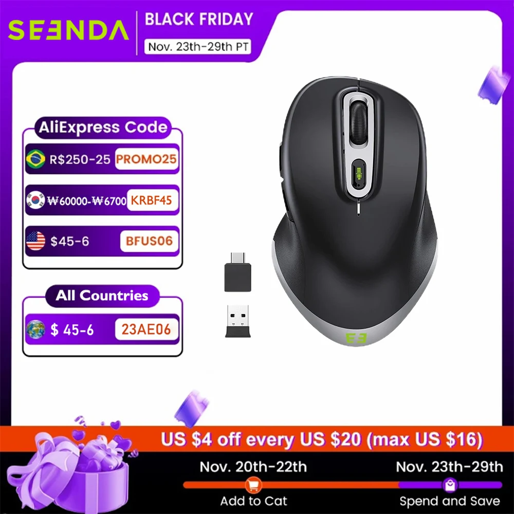 

Seenda Ergonomic Wireless Mouse 2.4GHz USB Type C Quiet Click Mice 3 Adjustable DPI for Windows PC MacBook Laptop Black Sliver