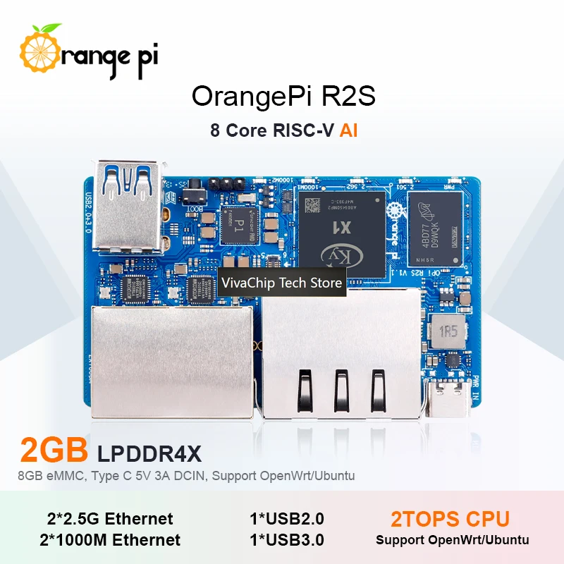 Фото Плата для разработки VivaChip TechOrange Pi R2S с 2 ГБ ОЗУ, RISC-V, 8 ГБ EMMC, 2 TOPS NPU, 2x2.5G + 2x1000M Gigabit Ethernet, одноплатная, C-серия №4