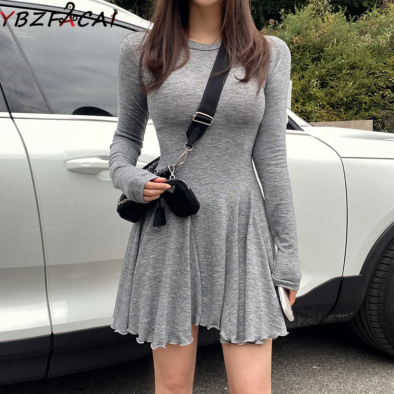 

Spring Fall Solid Color Cotton Long Sleeve One Piece Dress Sexy Babe Skinny Bottom Dress Grey Women's Waist Thin Mini Puff Skirt