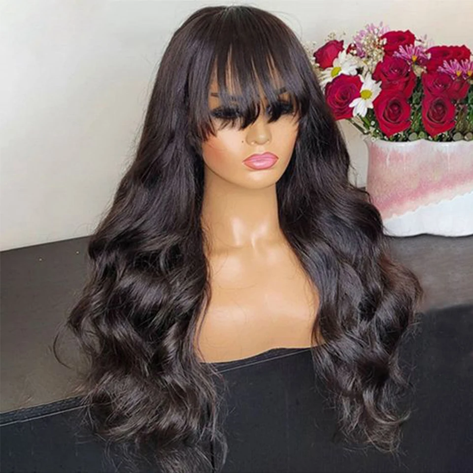 

Soft 26 inch Long Body Wave Wig With Bangs Synthetic Machine Wig Natural Black Hair Wig For Women Heat Resistant