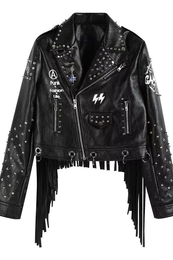 Streetwear Cropped Leather Jacket Vintage 2022 Autumn and Winter New Woman Letter Graffiti Printed Rivets Slim Fit Leather Coat enlarge