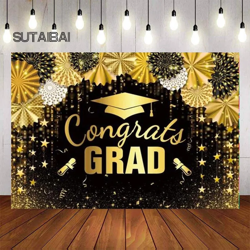 

Congrats Grad Class of 2022 Backdrop Graduation School Gold Glitter Prom Decoration Photobooth Background Photo Studio Props