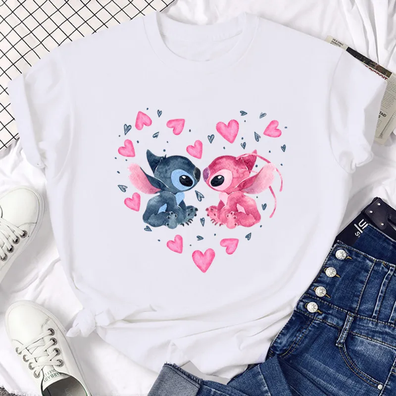 

Kawaii одежда Disney Лило Стич мультфильм футболки топы для женщин леди S-XL летние женские футболки белый o-образный вырез Ohana Stitch Ho