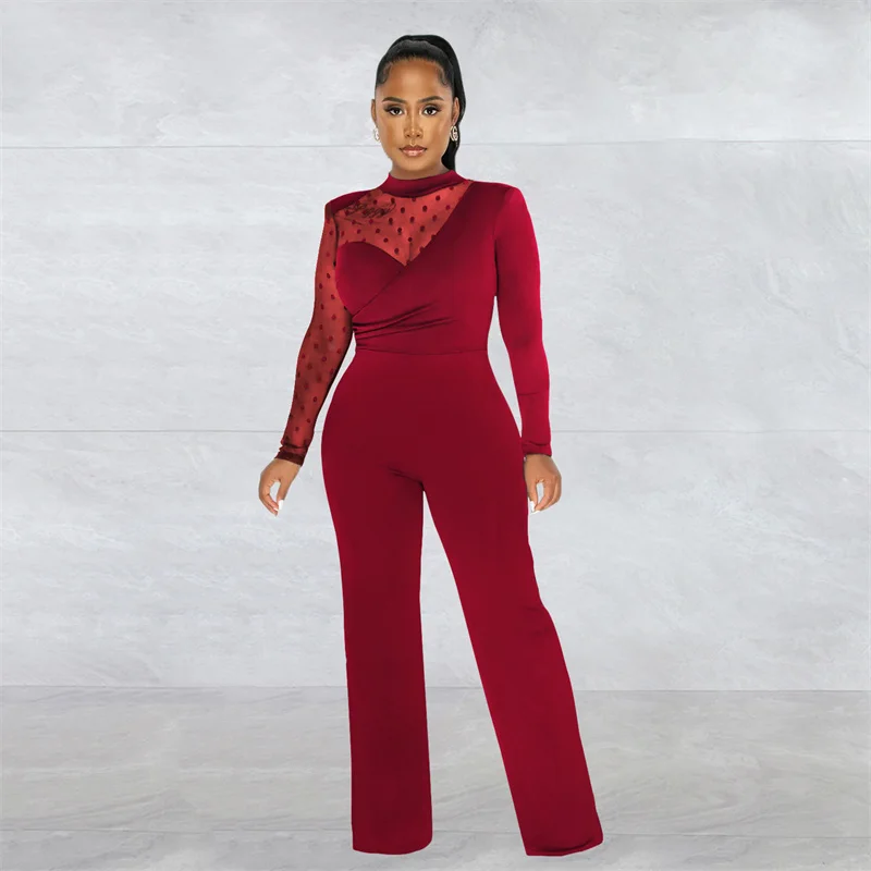 Elegant Fashion Polka Dot Mesh Sheer Patchwork Jumpsuit Women Party Club Long Sleeve Rompers One-Pieces Wide Leg Overalls Office