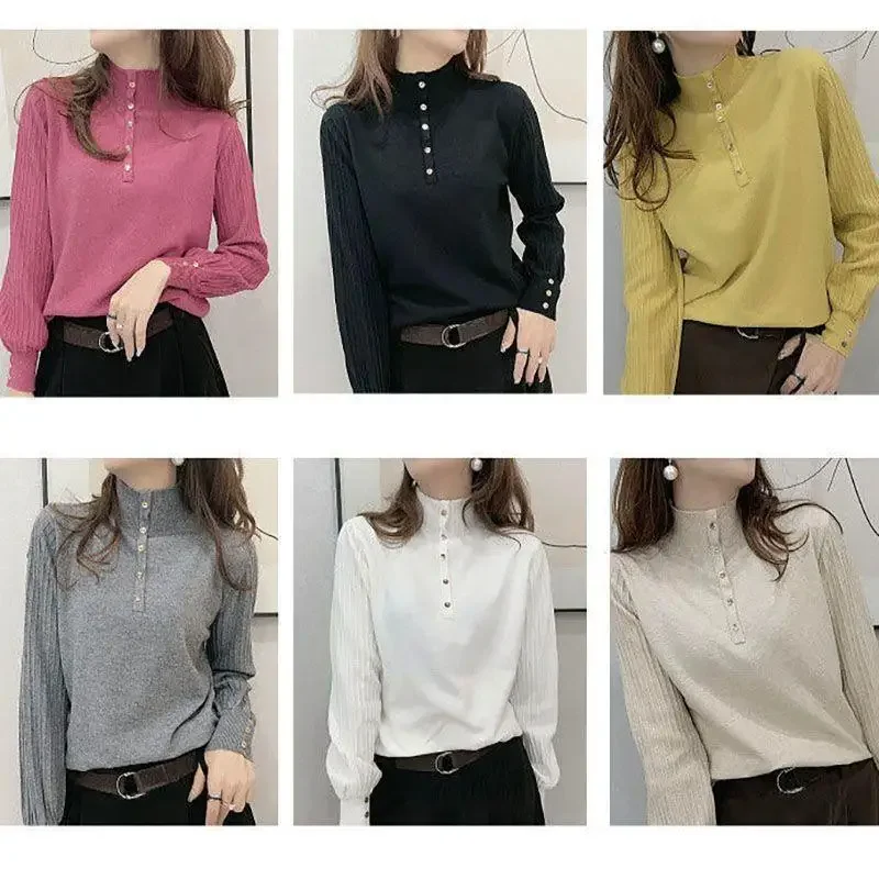 Женский трикотажный пуловер на пуговицах с длинным рукавом и высоким воротником