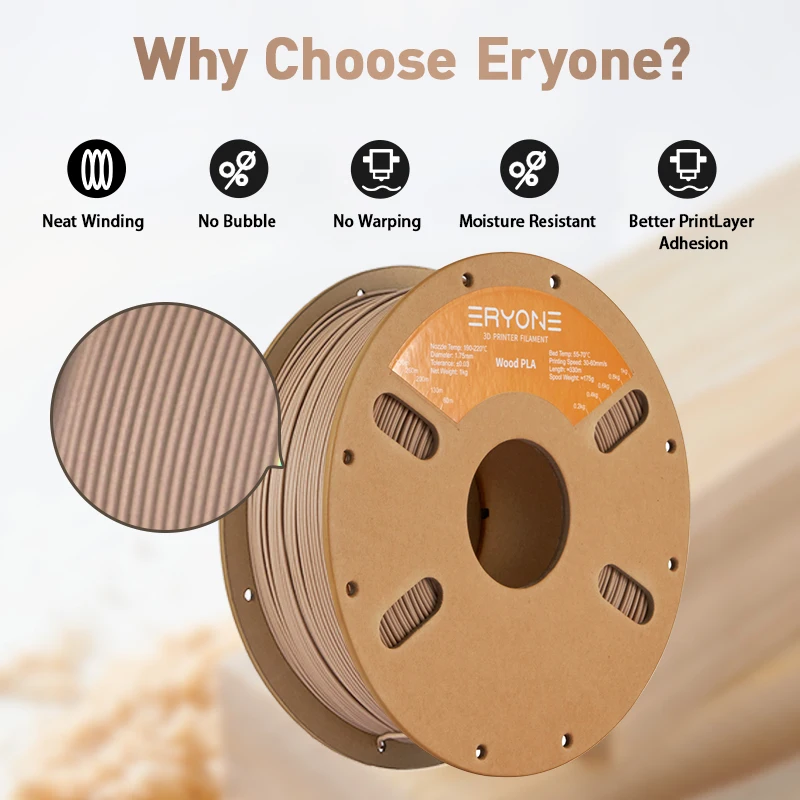 Фото Филамент ERYONE Wood PLA для 3D-принтеров, 1.75 мм +/- 0.03 мм, картонная упаковка для PLA-филамента для 3D-принтеров №5