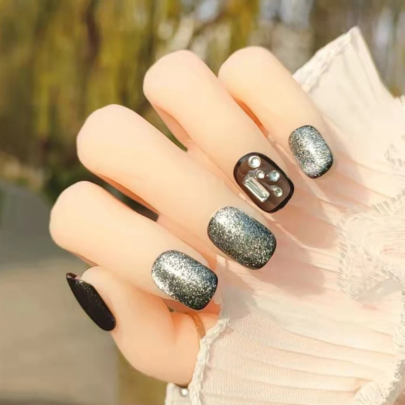 

24PCS Fake Nails MIni Rhinestones Nail Art Short Flat Head Dark Style Press On Nails Wearable Finished Nail Piece With Jelly Gel