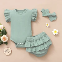 6 9 12 18 months fashion baby boys girls summer clothing sets solid ribbed bodysuit ruffles shorts infant outfits girl clothes