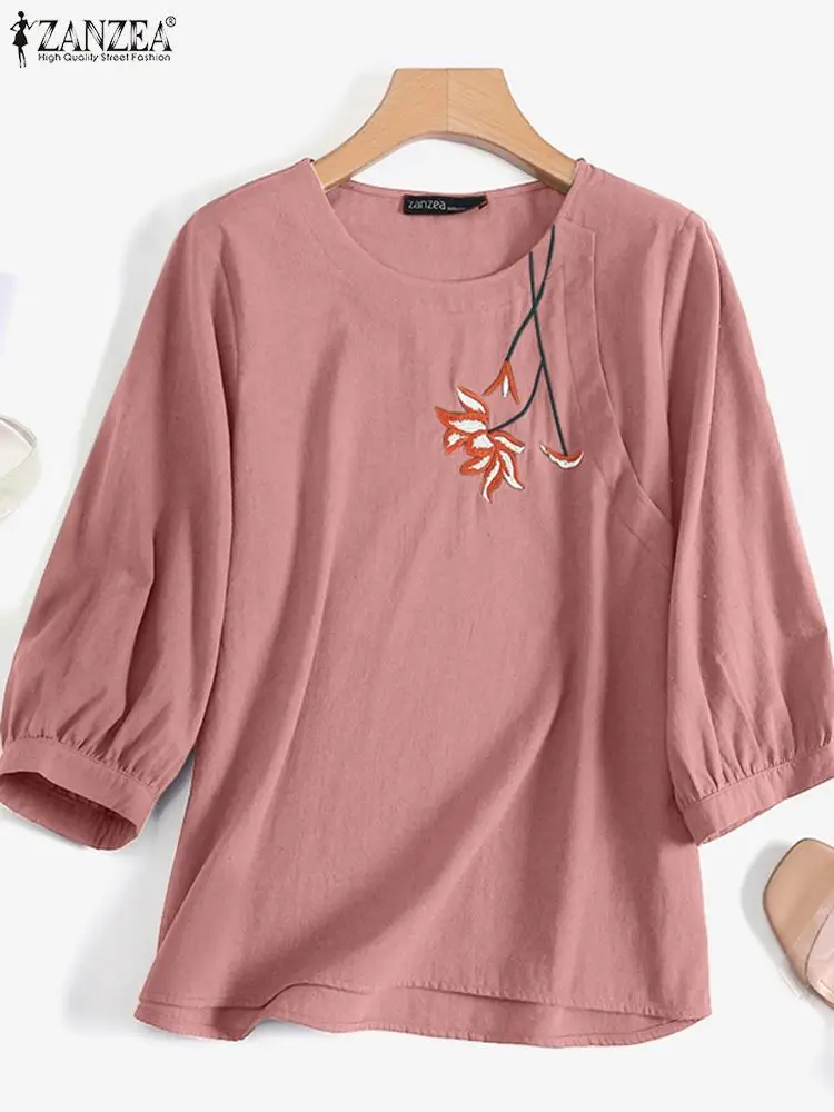 

Блузка ZANZEA женская с цветочной вышивкой, модная повседневная Элегантная туника с круглым вырезом и рукавом 3/4, рабочая Свободная рубашка, ос...